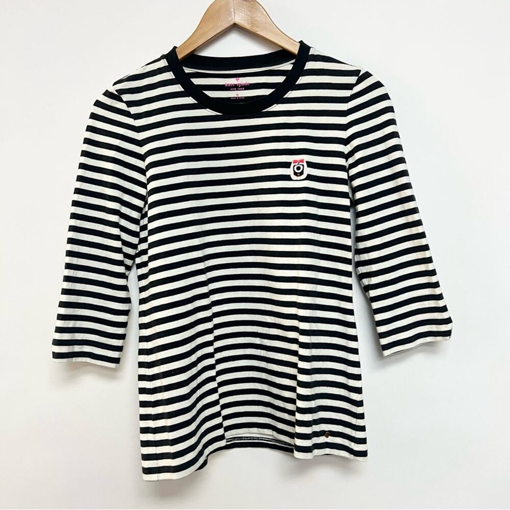 Kate Spade X Darcel Striped 3/4 Sleeve T-Shirt Embroidered Black White Medium